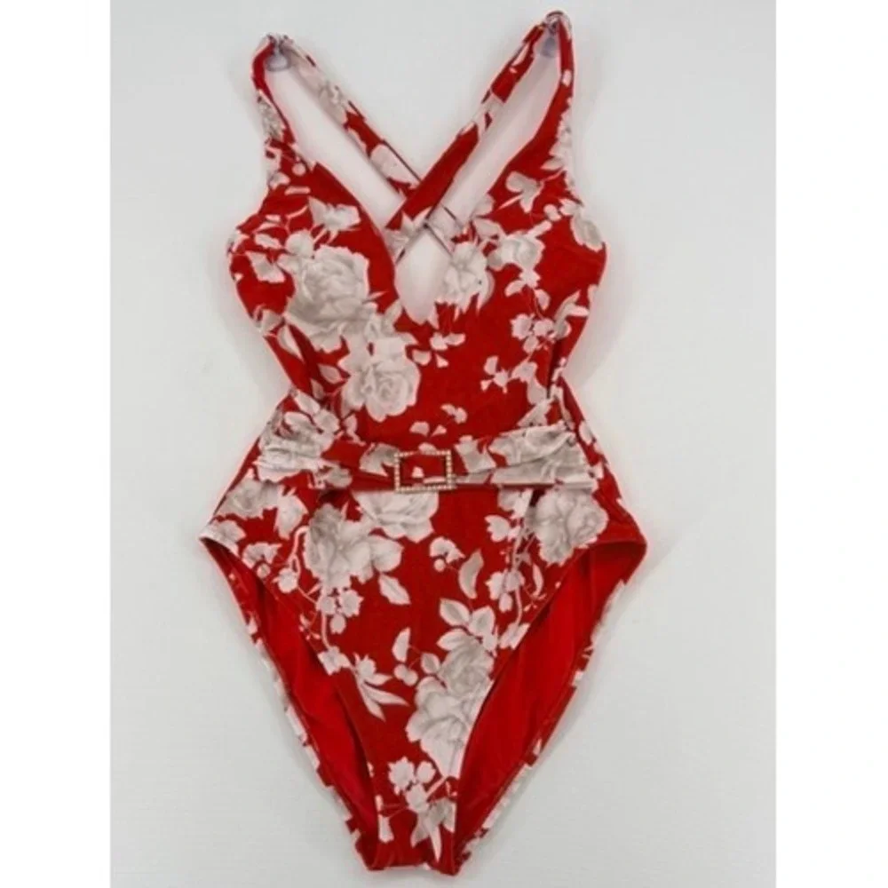 L'AGENCE Lisa Ikebana Floral Belted One Piece Swimsuit Red M - Picture 15 of 16